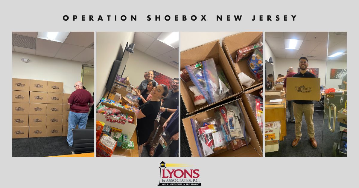 Lawyers from Lyons & Associates in New Jersey come together to donate a prep donations to be sent to the US troops stationed around the world with Operation Shoebox New Jersey.